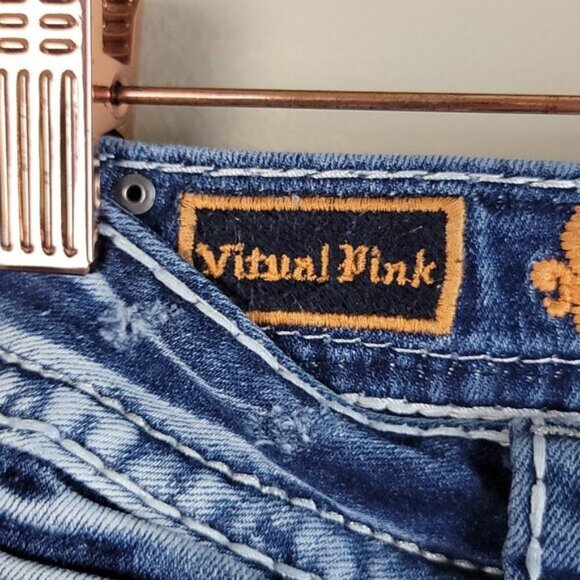 Rock Revival Vitual Pink Mid Rise Straight Patch Distressed Medium Wash Jeans 27 - Picture 4 of 16